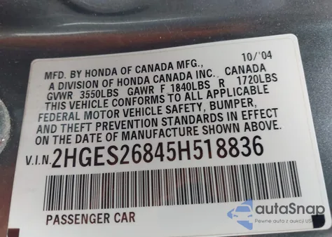 2005 Honda Civic Ex z USA, uszkodzony, nr VIN 2HGES26845H518836